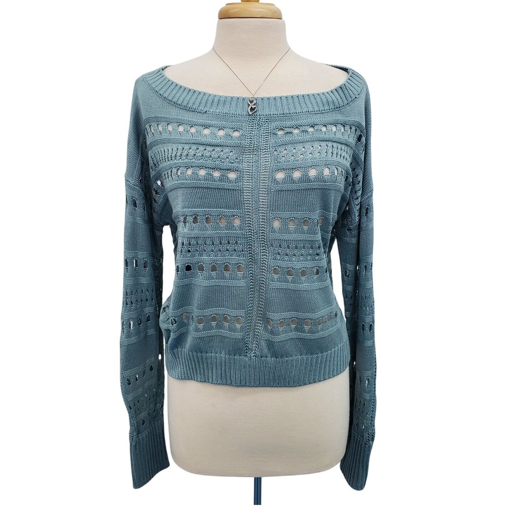 Soho Jeans Womens Blue Open Knit Boat Neck Long Sleeve Pullover Sweater Size XL